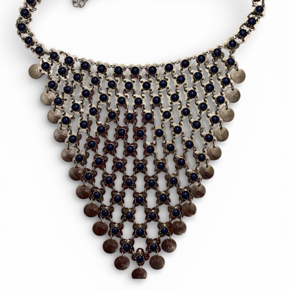 Chico’s Silver and Blue Textured Statement Bib Necklace
